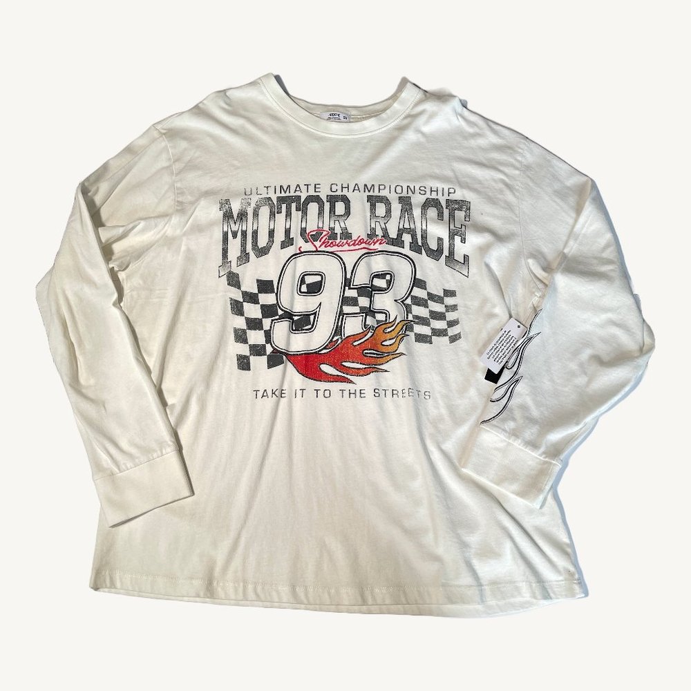 Ardene Long Sleeve Graphic Shirt '93 Motor race' With Arm Flames Size Med/Lrg